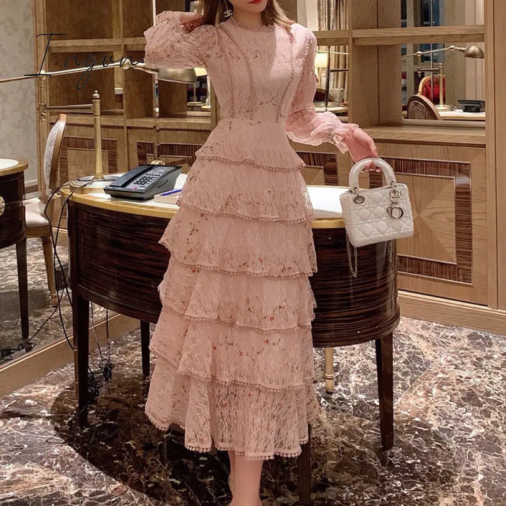 Ingvn - Pink Lace Embroidery Maxi Dress Female Spring Winter Full Sleeve High Waist Ruffle Elegant