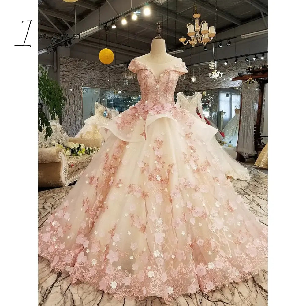 Ingvn - Pink Princess Quinceanera Dress Appliques Beads 3D Flowers Prom Party Sweet 16 Ball Gown