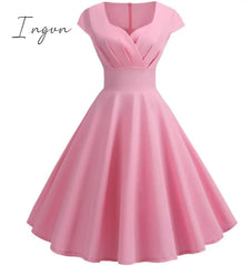 Ingvn - Pink Summer Dress Women V Neck Big Swing Vintage Robe Femme Elegant Retro Pin Up Party