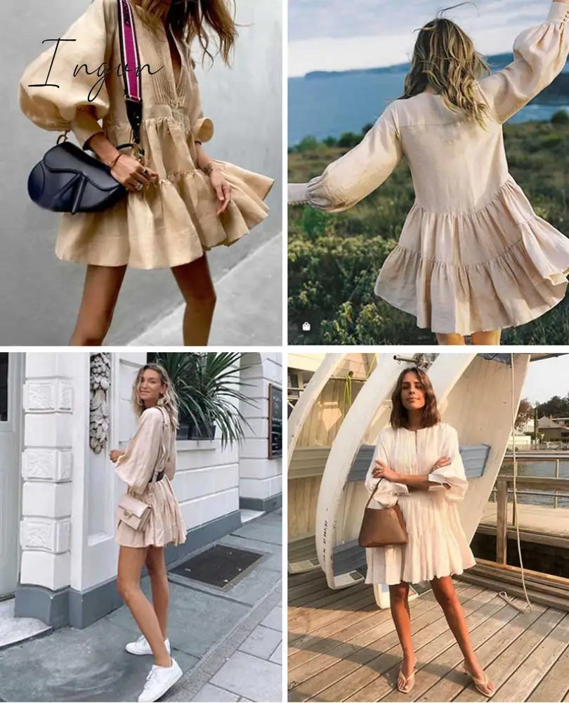 Ingvn - Pleating Women Dress Long Sleeve Spring Autumn Fashion Ladies Pockets Mini Sexy