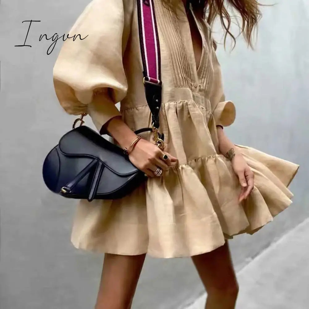 Ingvn - Pleating Women Dress Long Sleeve Spring Autumn Fashion Ladies Pockets Mini Sexy Khaki / S