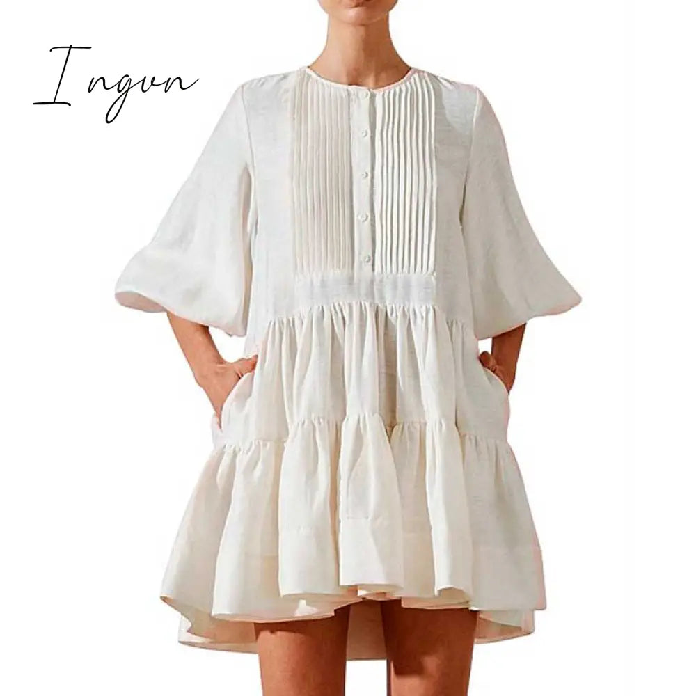 Ingvn - Pleating Women Dress Long Sleeve Spring Autumn Fashion Ladies Pockets Mini Sexy White / S