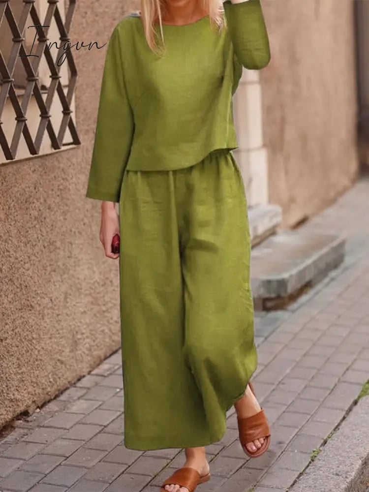 Ingvn - Plus Size 5Xl Cotton Women’s Pantsuit Suit Loose O - Neck Top Wide - Leg Trouser Suits