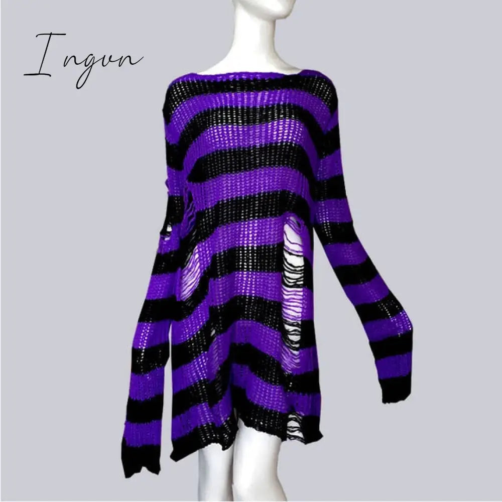 Ingvn - Plus Size Punk Gothic Long Unisex Sweater Dress Cool Hollow Out Hole Broken Jumper Loose