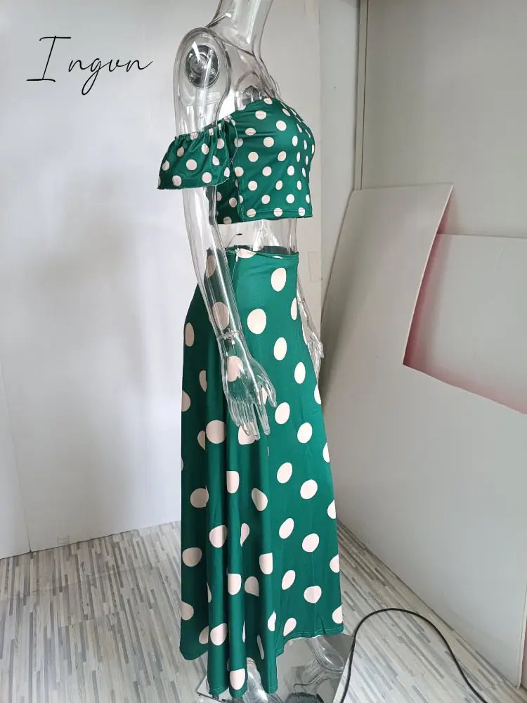 Ingvn - Polka Dot Print Maxi Skirt Suit Women Summer Cropped Top Sexy Side Split High Waist 2 Piece