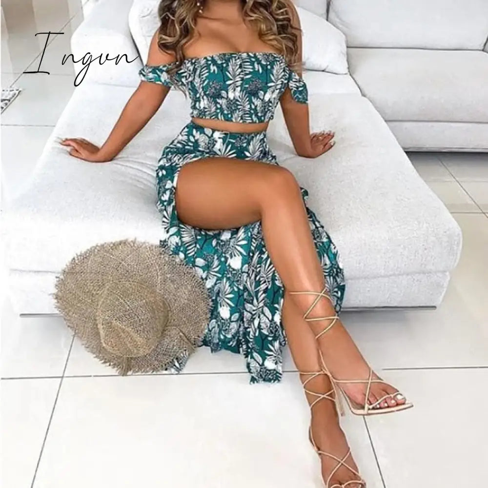 Ingvn - Polka Dot Print Maxi Skirt Suit Women Summer Cropped Top Sexy Side Split High Waist 2 Piece