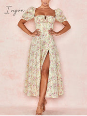 Ingvn - Print Summer Dress Women Floral Short Puff Sleeves Square Collar Holiday Midi Female