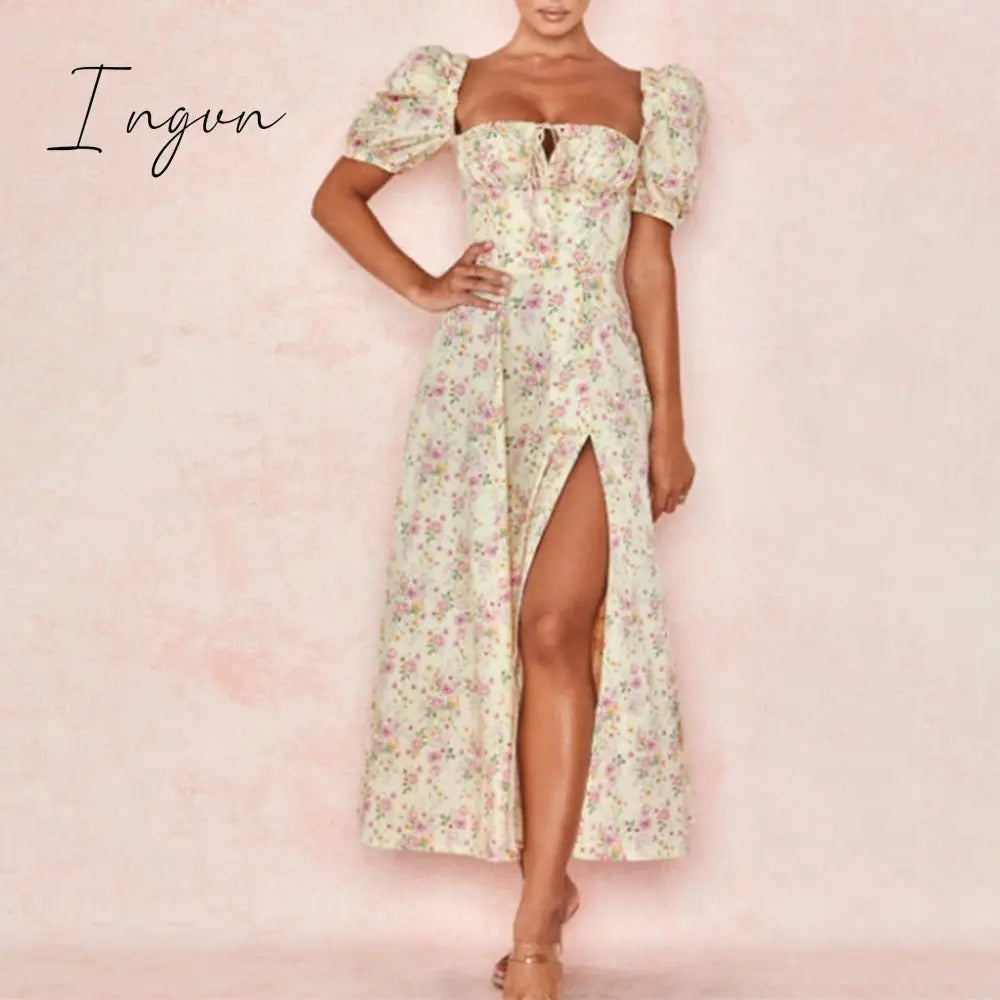 Ingvn - Print Summer Dress Women Floral Short Puff Sleeves Square Collar Holiday Midi Female