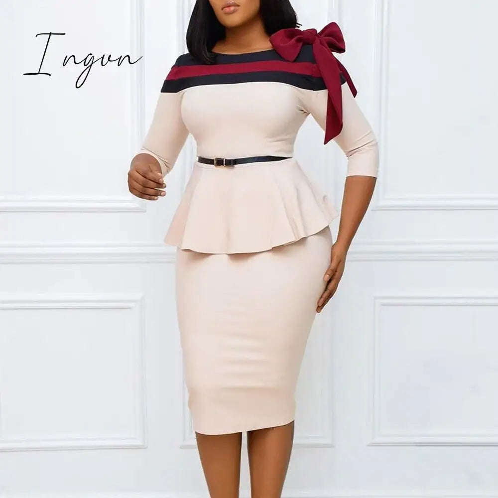 Ingvn - Puff Sleeve Women Patchwork Dress Autumn Bodycon Dresses Elegant Office Lady Work Midi