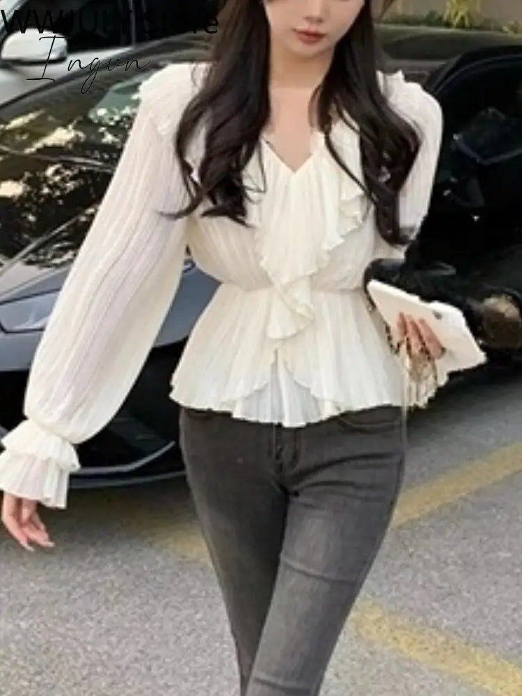 Ingvn - Pure Color French Elegant Dress Woman Long Sleeve Fairy Midi Casual 2023 Summer Slim Party