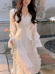 Ingvn - Pure Color French Elegant Dress Woman Long Sleeve Fairy Midi Casual 2023 Summer Slim Party