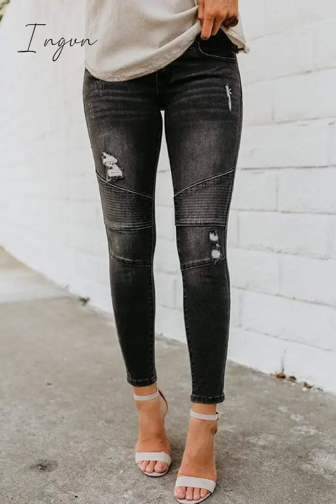 Ingvn - Regular Waist Solid Color Skinny Fit Hole Jeans Black / S Bottoms