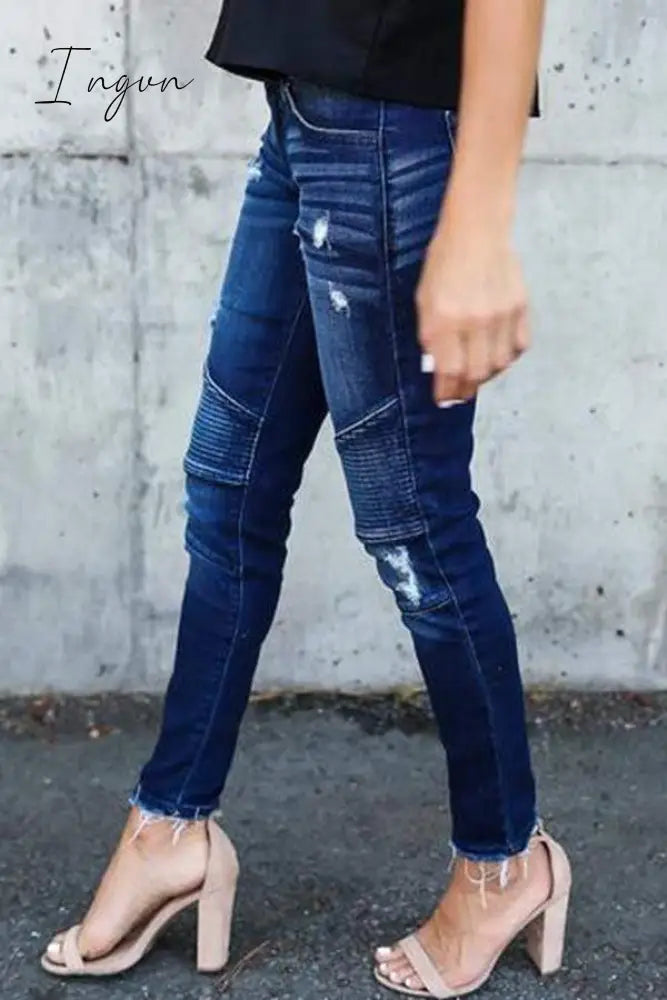Ingvn - Regular Waist Solid Color Skinny Fit Hole Jeans Bottoms