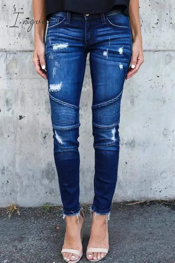Ingvn - Regular Waist Solid Color Skinny Fit Hole Jeans Dark Blue / S Bottoms