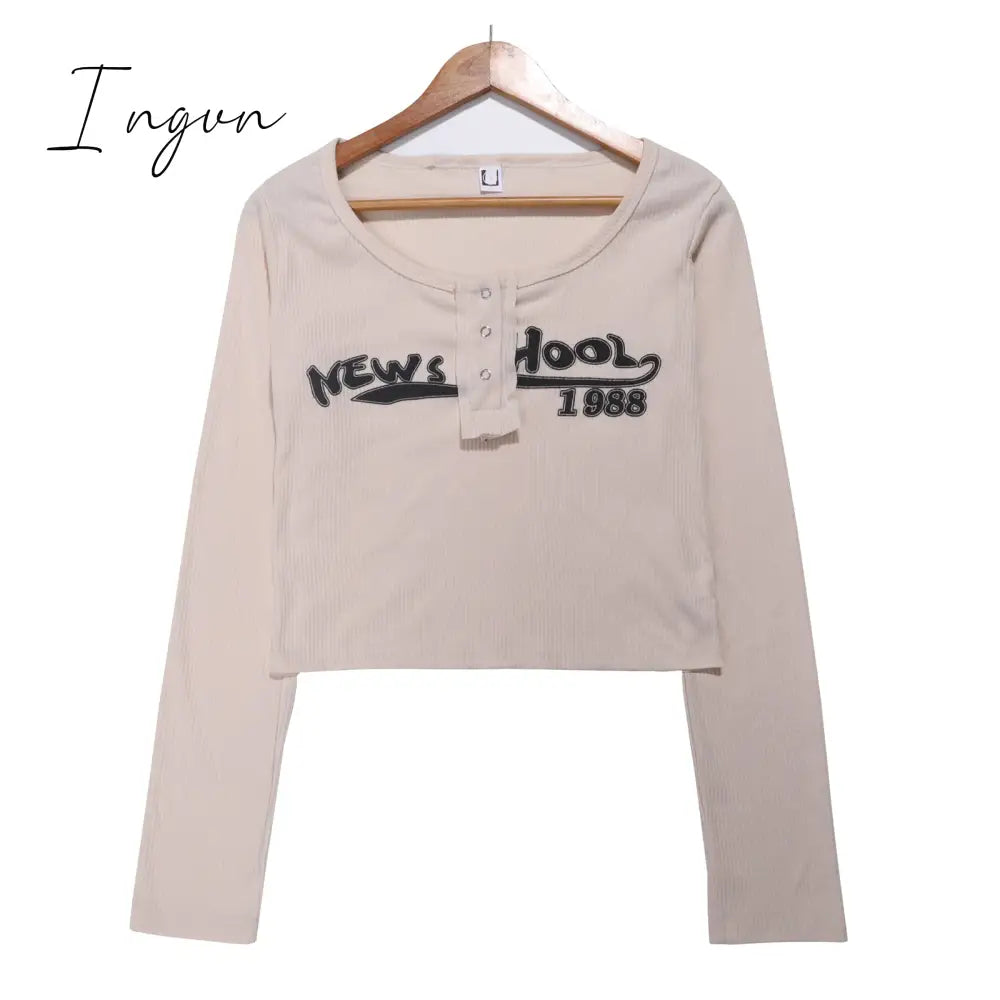 Ingvn - Retro Graffiti Print Elastic T Shirt Women Sexy Slim Crop Top Ribbed Long Sleeve O-Neck
