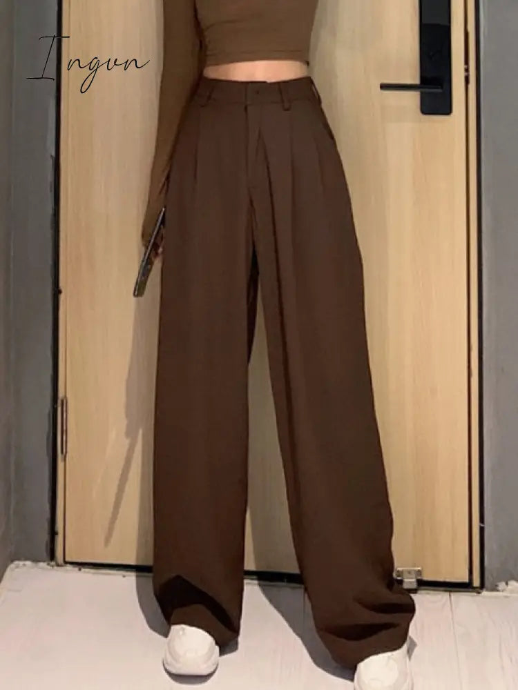 Ingvn - Retro Solid Color Wild Straight Wide Leg Pants Female Spring New Korean Fashion High Waist