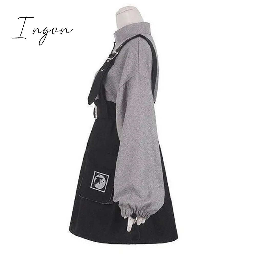 Ingvn - Retro Vintage Women Gothic Girls Punk Mini Dress High Waist Long Sleeve Hat Collar Sexy Gry