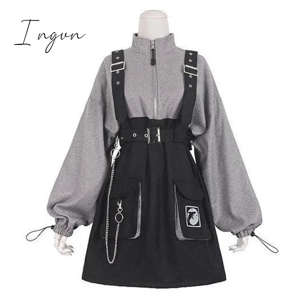Ingvn - Retro Vintage Women Gothic Girls Punk Mini Dress High Waist Long Sleeve Hat Collar Sexy Gry