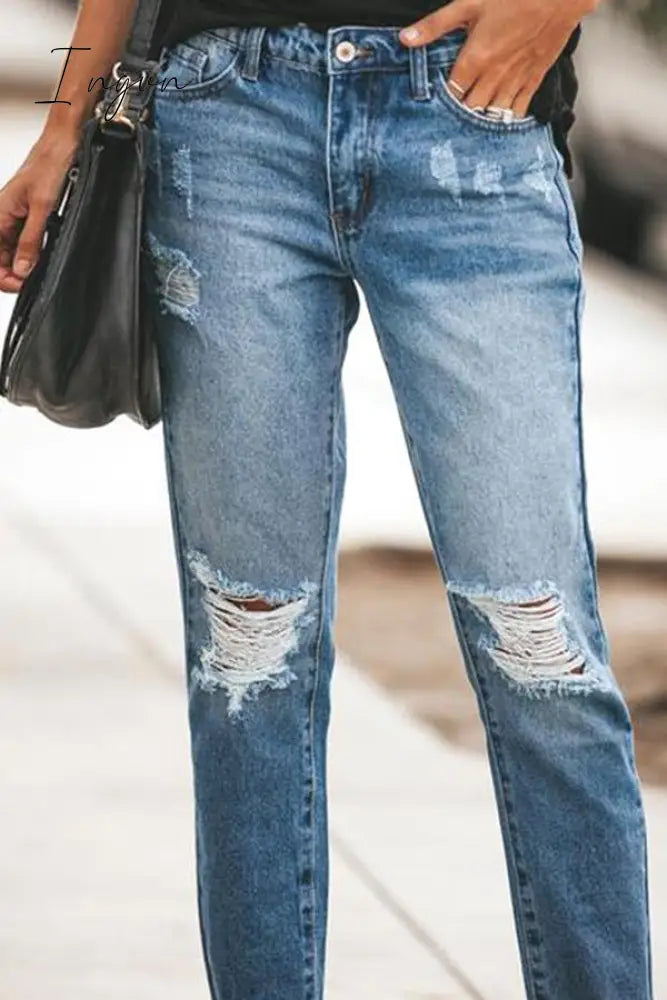 Ingvn - Ripped Slim Fit Washed Jeans Bottoms