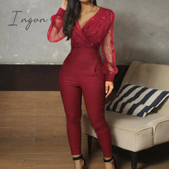 Ingvn - Rompers Womens Jumpsuit Black Elegant Sequins Mesh Glitter Party Night Sexy Spring Long