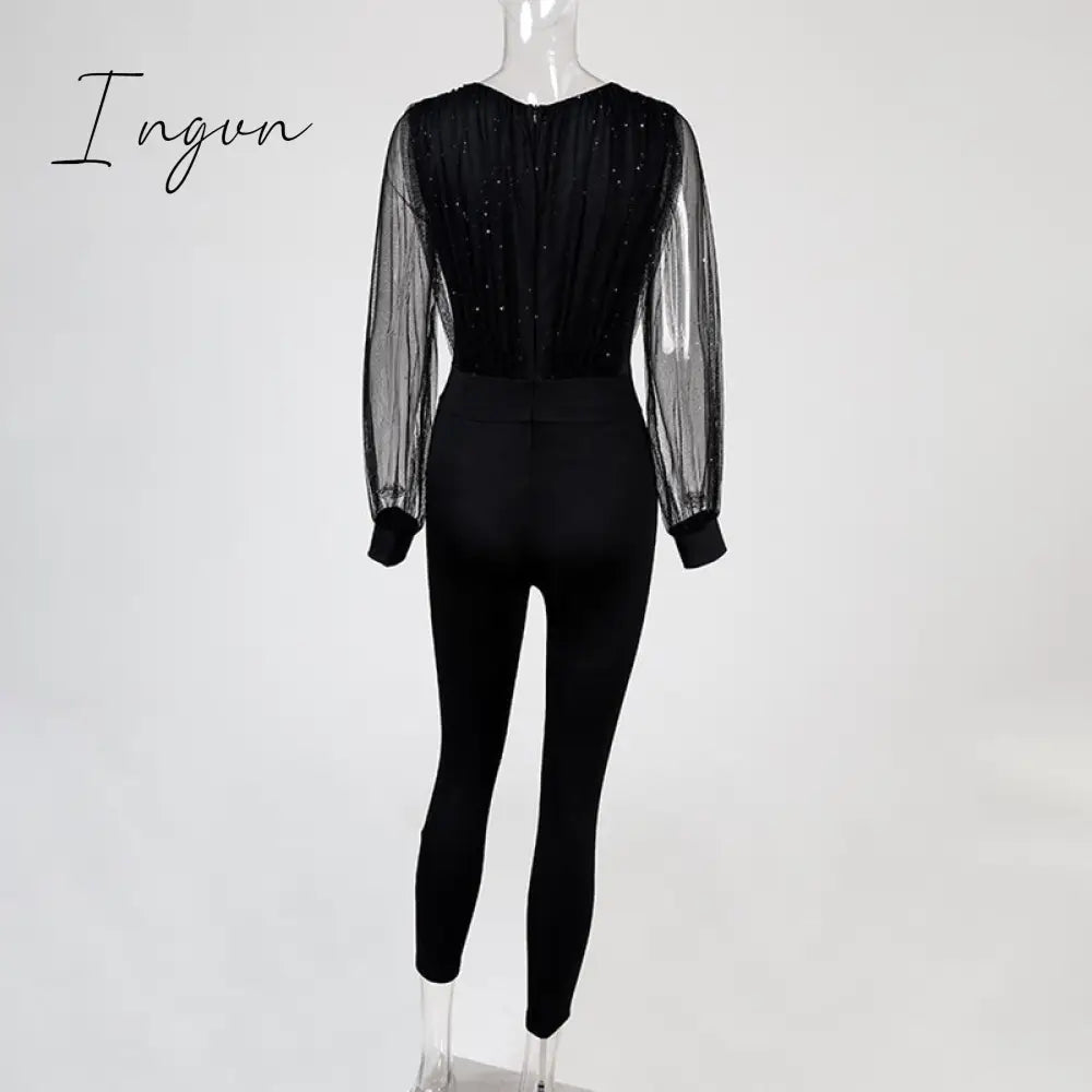 Ingvn - Rompers Womens Jumpsuit Black Elegant Sequins Mesh Glitter Party Night Sexy Spring Long