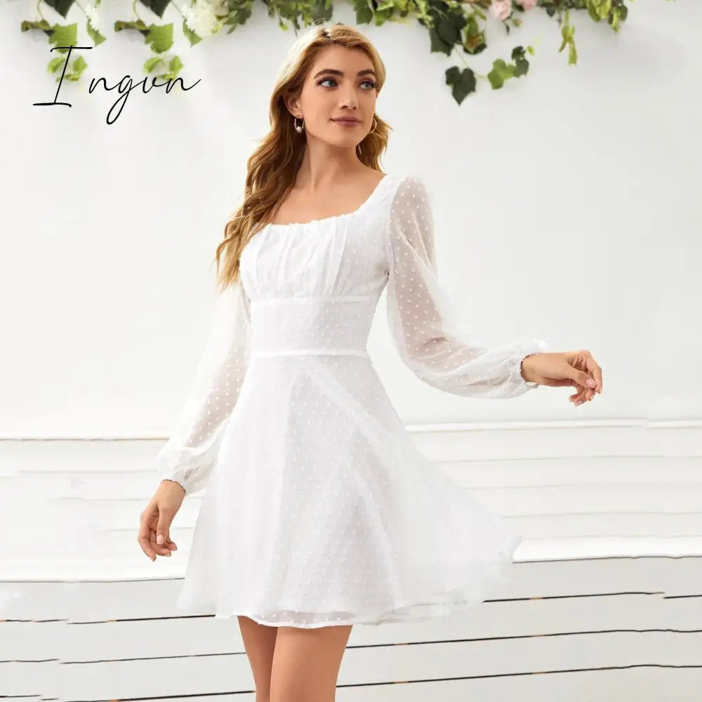 Ingvn - Ruched Bust Lantern Sleeve Swiss Dot Chiffon Dress White / S