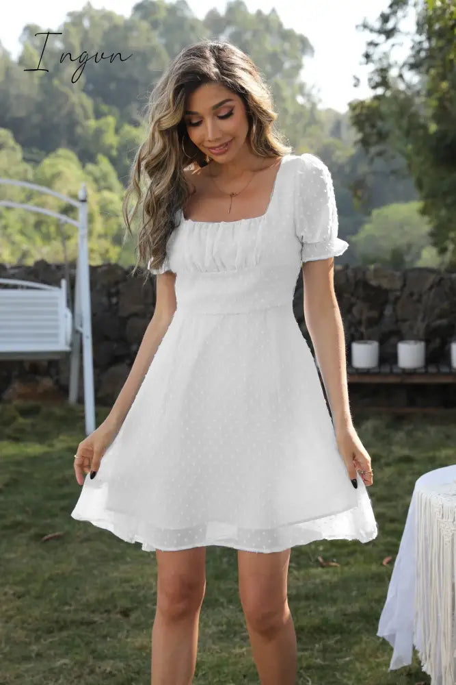 Ingvn - Ruched Bust Lantern Sleeve Swiss Dot Chiffon Dress White Short / S