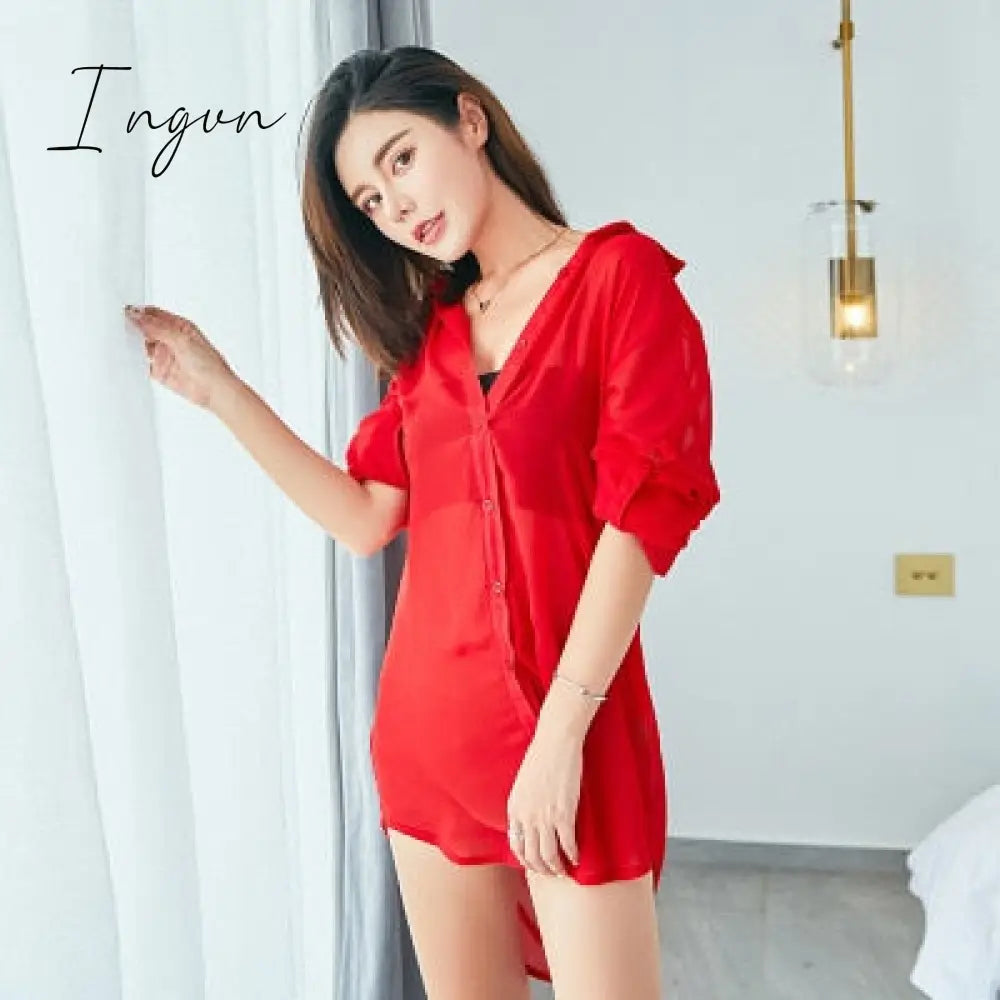 Ingvn - S-5Xl Sexy Lingerie Blouse Women Home Boyfriend Style White Button Shirt Red / S Blouses