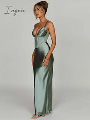 Ingvn - Satin V Neck Backless Maxi Dress Women Spaghetti Strap Bodycon Long Elegant Sexy Party Club