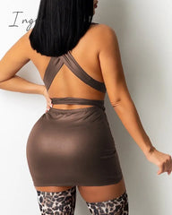 Ingvn - Sexy Backless Crisscross Bandage Ruched Pu Leather Bodycon Dress Fashion Elegant Party Club