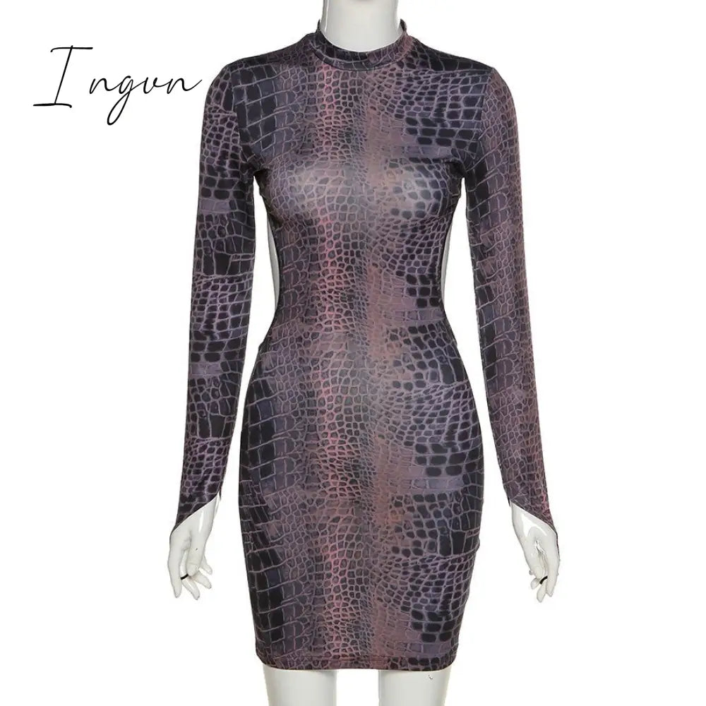 Ingvn - Sexy Backless Serpentine Print Mini Bodycon Dress Women Fall Chic Package Hip Streetwear