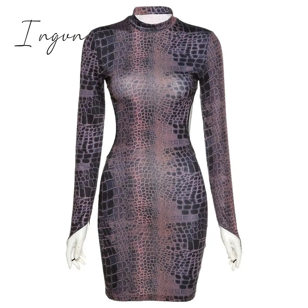 Ingvn - Sexy Backless Serpentine Print Mini Bodycon Dress Women Fall Chic Package Hip Streetwear
