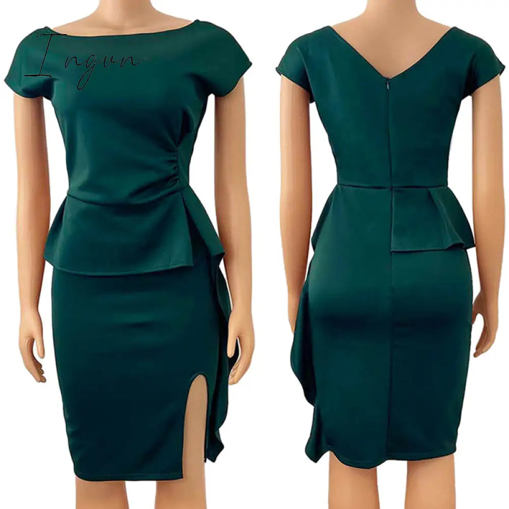 Ingvn - Sexy Bodycon Short Sleeve Dresses Split Package Hip Solid Event Party Dress Fashion Office