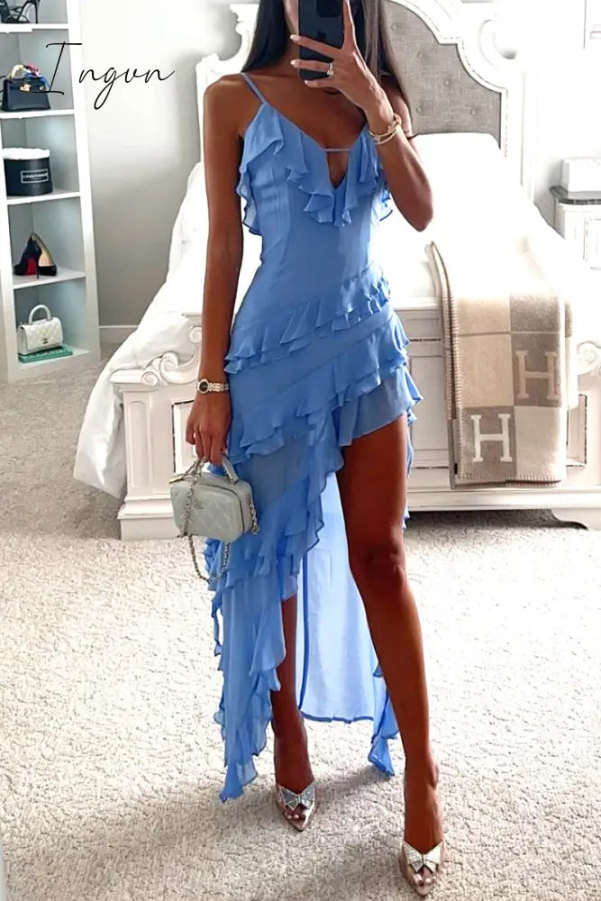 Ingvn - Sexy Celebrities Solid Flounce Asymmetrical V Neck Sling Dress Dresses Sky Blue / S