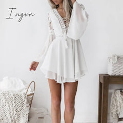 Ingvn - Sexy Crochet Lace V - Neck Mini Dress Summer Flare Sleeve Chiffon Beach Sundress Elegant
