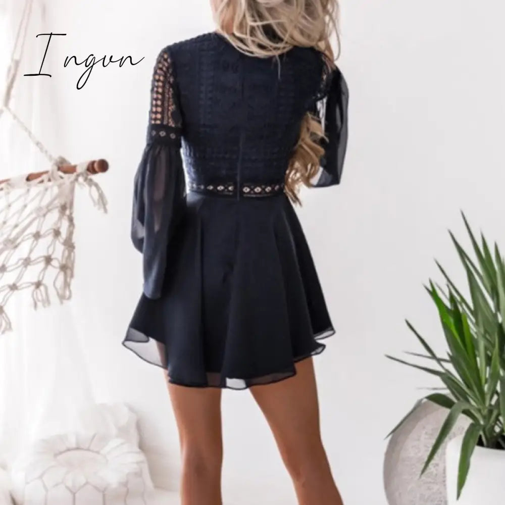 Ingvn - Sexy Crochet Lace V - Neck Mini Dress Summer Flare Sleeve Chiffon Beach Sundress Elegant