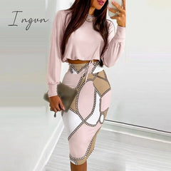 Ingvn - Sexy Crop Long Sleeve Pink Bodycon Dress Sets Women Autumn Print Cropped Feminino Two Piece