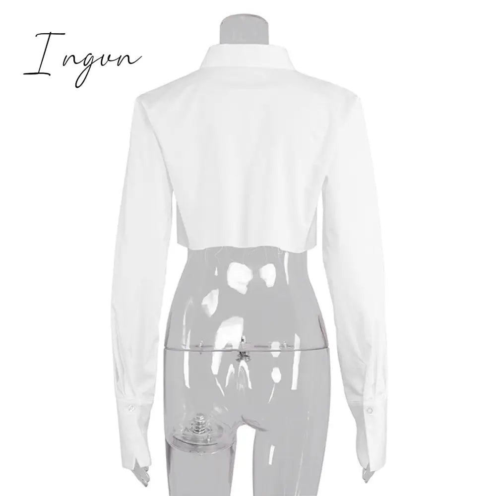 Ingvn - Sexy Crop Top Tassel Solid Color Shirt For Women Lapel Collar Long Sleeve Loose Oversized