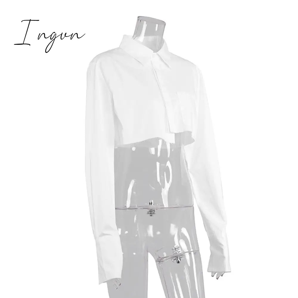Ingvn - Sexy Crop Top Tassel Solid Color Shirt For Women Lapel Collar Long Sleeve Loose Oversized