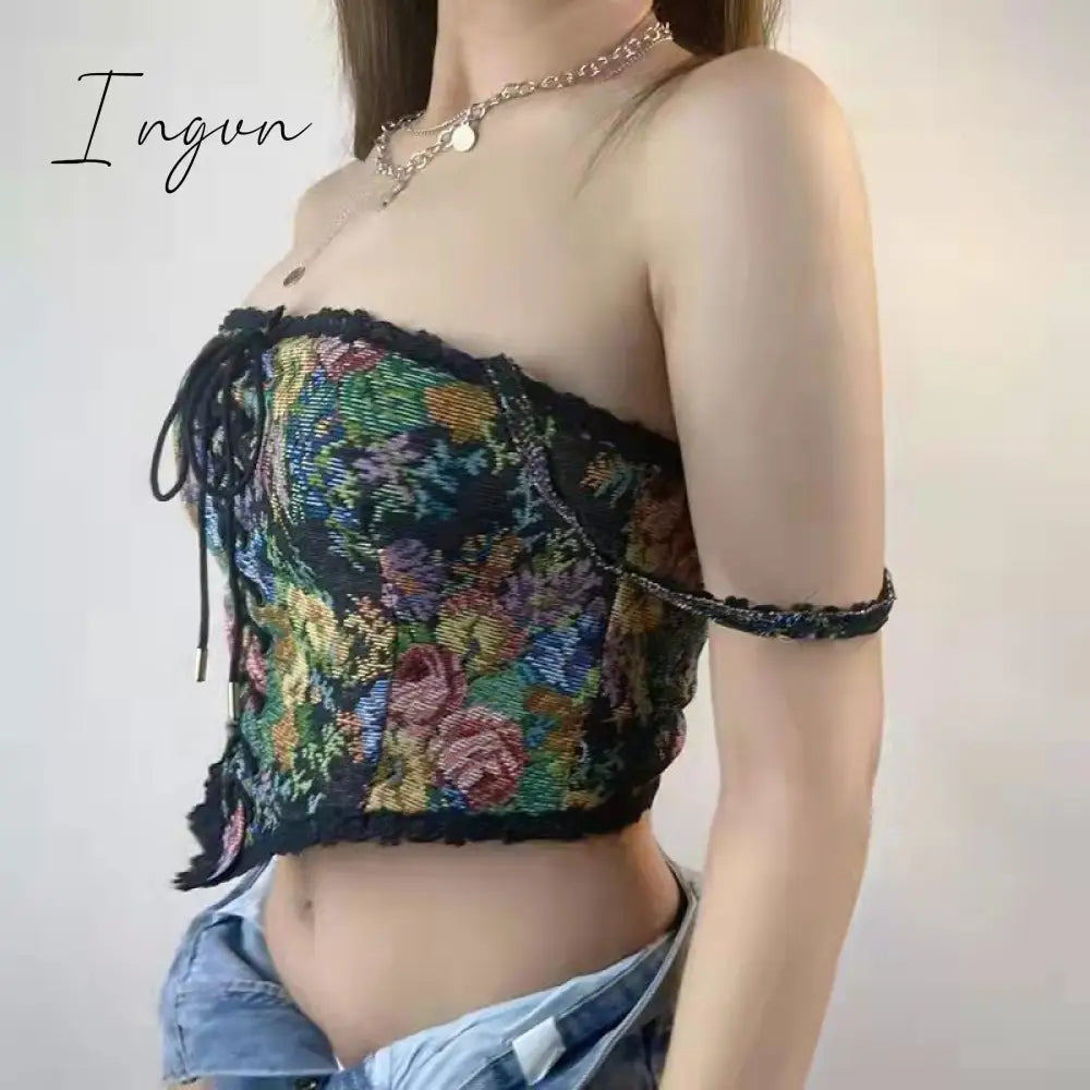 Ingvn - Sexy Designer Vintage Print Halter Tops Women Chic Bandage Floral Corset Shirts Female High