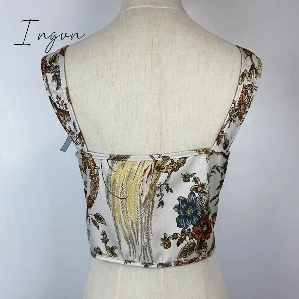 Ingvn - Sexy Designer Vintage Print Halter Tops Women Chic Bandage Floral Corset Shirts Female High