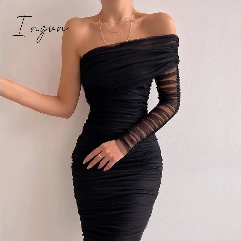 Ingvn - Sexy Diagonal Neck Backless Party Dress Women Fashion One Shoulder Long Sleeve Mesh Elegant