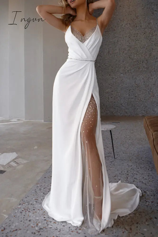 Ingvn - Sexy Elegant Solid Slit V Neck Evening Dress Dresses White / S Dresses/Party And Cocktail