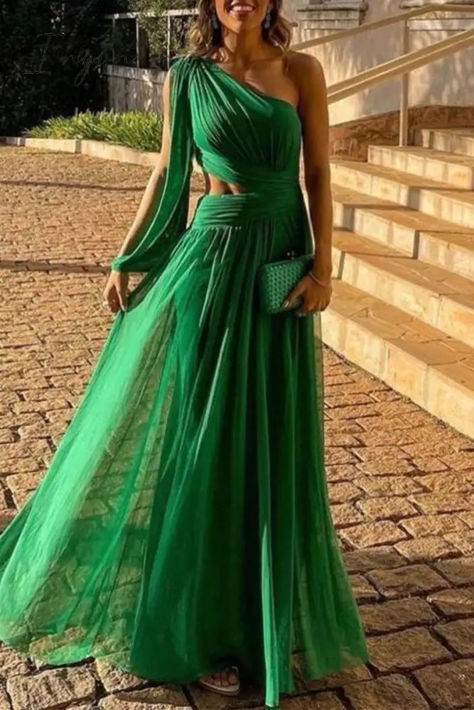 Ingvn - Sexy Formal Solid Patchwork Oblique Collar Evening Dress Dresses Green / S Dresses/Party