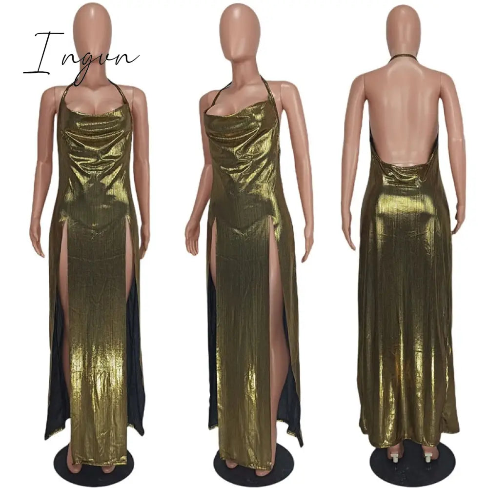 Ingvn - Sexy Glitter Metallic Off Shoulder Evening Dresses Women Night Party Festival Outfits