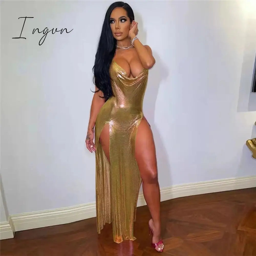 Ingvn - Sexy Glitter Metallic Off Shoulder Evening Dresses Women Night Party Festival Outfits
