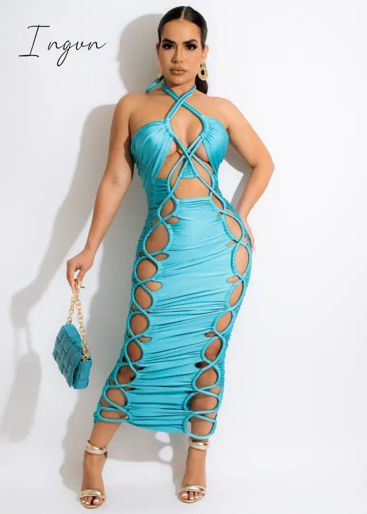 Ingvn - Sexy High Slit Lace Up Bodycon Dress For Women 2023 Summer Halter Cut Out Evening Club