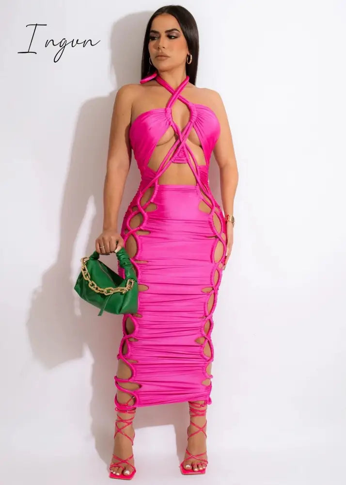 Ingvn - Sexy High Slit Lace Up Bodycon Dress For Women 2023 Summer Halter Cut Out Evening Club