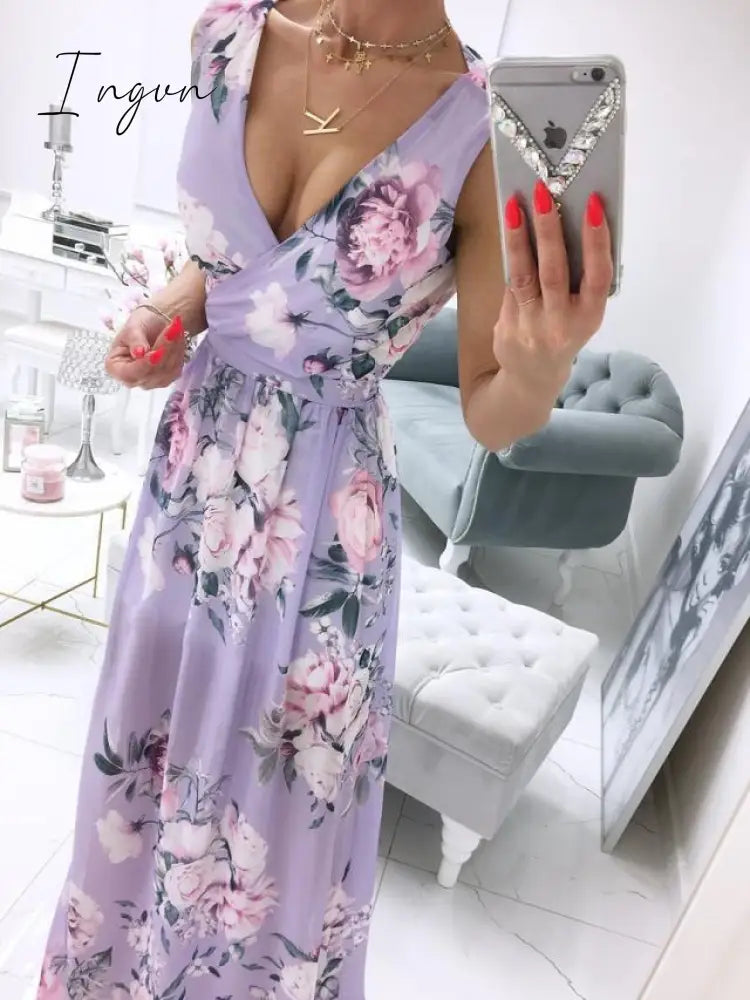 Ingvn - Sexy Long Evening Dress Elegant For Women V - Neck Side Split Party Dresses Female Summer