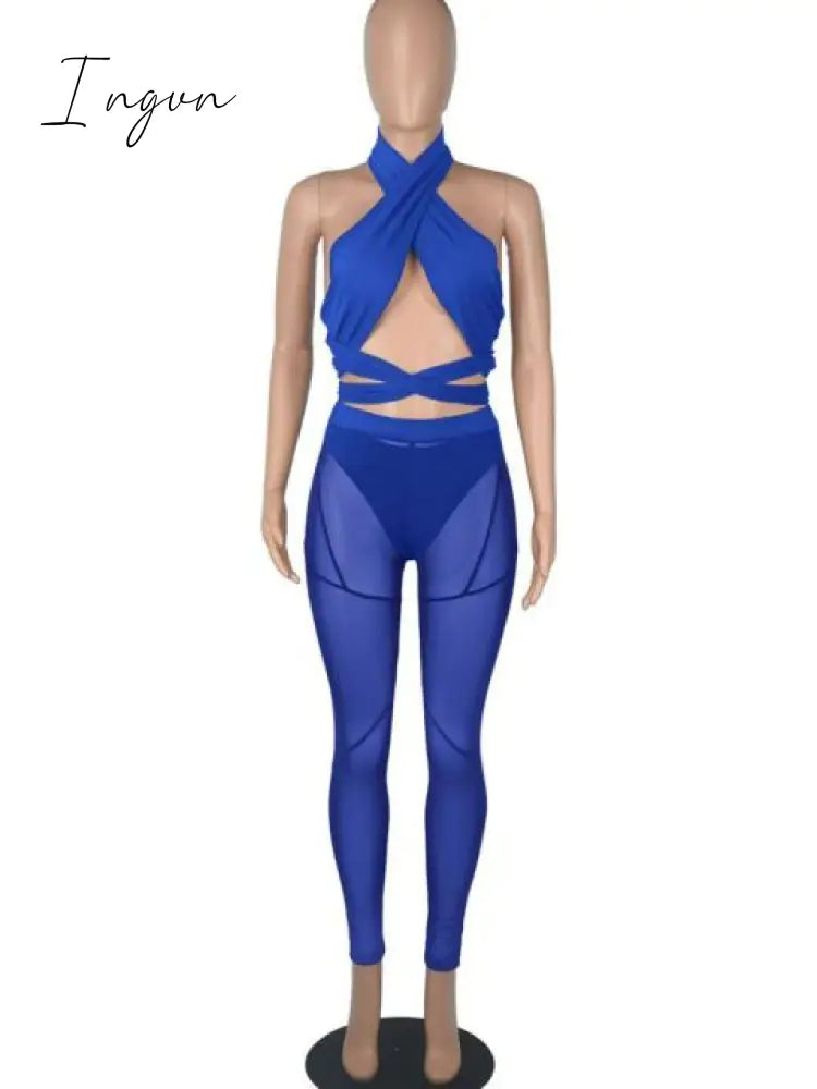 Ingvn - Sexy Mesh Sheer Spliced Two Piece Set Tracksuit Women Bodysuit Pants Summer Clothes